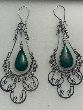Teardrop-shaped wire-wrapped chrysocolla in filigree silver-tone dangle earrings